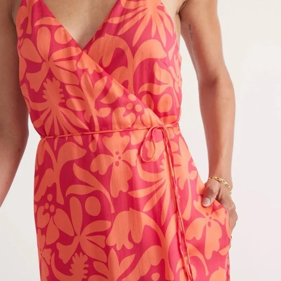 Floral Pink/orange wrap back cross Midi Dress casual classic summer - Picture 4 of 6